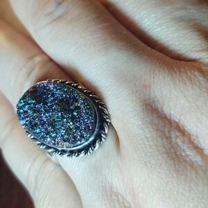 Blue titanium druzy ring, size 10.25